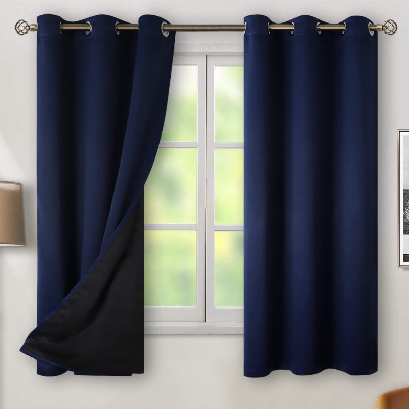 BGment Navy 100% Blackout Curtains for Bedroom 63 Inches Long with Black Liner  Thermal Insulated Double Layer Full Room Darkening Noise Reducing Grommet Curtain (42 x 63 Inch  Navy Blue  2 Panels) - Image 1