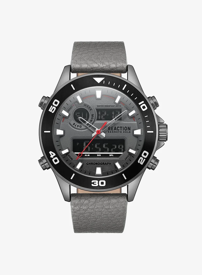 Kenneth Cole Reaction Analogue - Digital Gents Watch With Grey Synthetic Leather Strap 46mm - KRWGD9006603