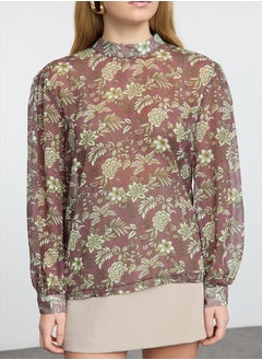 trendyol Brown Floral Patterned Oversize Wide Pattern Woven Blouse TWOAW25BZ00288  - Image 3