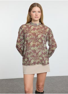 trendyol Brown Floral Patterned Oversize Wide Pattern Woven Blouse TWOAW25BZ00288  - Image 2