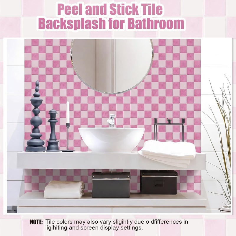Nuanchu 20 Pcs Peel and Stick Backsplash 7.75" x 7.75" 3D Adhesive Pink and Warm White Checkered Peel and Stick Wall Tiles Waterproof Backsplash for Kitchen Bathroom Fireplace - Image 4