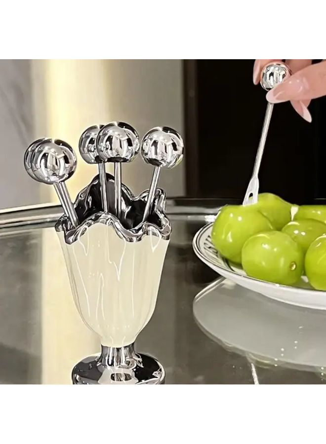 6 Pcs Stainless Steel Fruit Fork Set With Ceramic Holder Black Elegant Dessert Forks For Home Decor Tableware Storage And Fruit Serving - Image 2