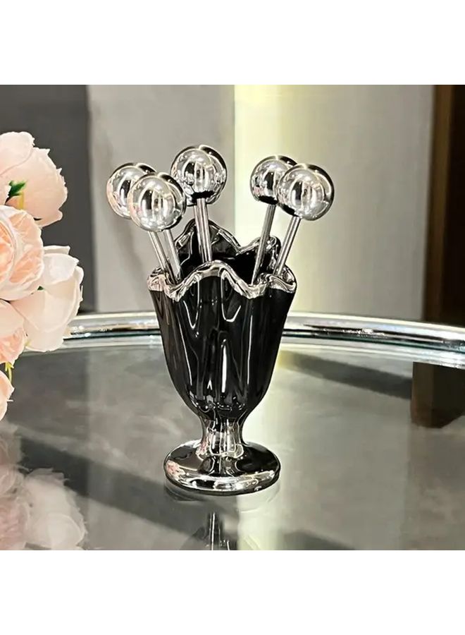 6 Pcs Stainless Steel Fruit Fork Set With Ceramic Holder Black Elegant Dessert Forks For Home Decor Tableware Storage And Fruit Serving - Image 4