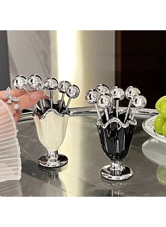 6 Pcs Stainless Steel Fruit Fork Set With Ceramic Holder Black Elegant Dessert Forks For Home Decor Tableware Storage And Fruit Serving - Image 3