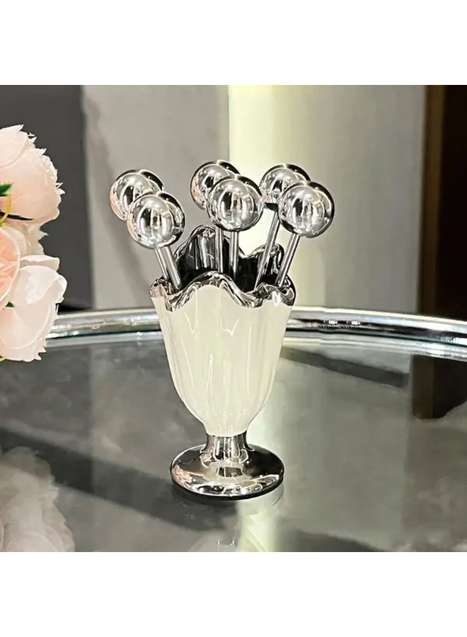 6 Pcs Stainless Steel Fruit Fork Set With Ceramic Holder Black Elegant Dessert Forks For Home Decor Tableware Storage And Fruit Serving - Image 5