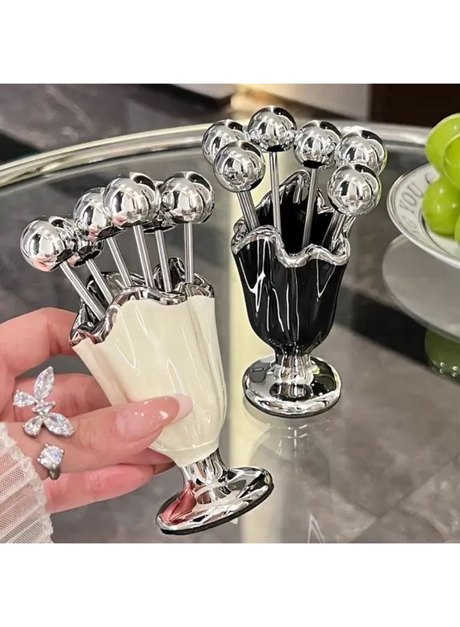 6 Pcs Stainless Steel Fruit Fork Set With Ceramic Holder Black Elegant Dessert Forks For Home Decor Tableware Storage And Fruit Serving - Image 1