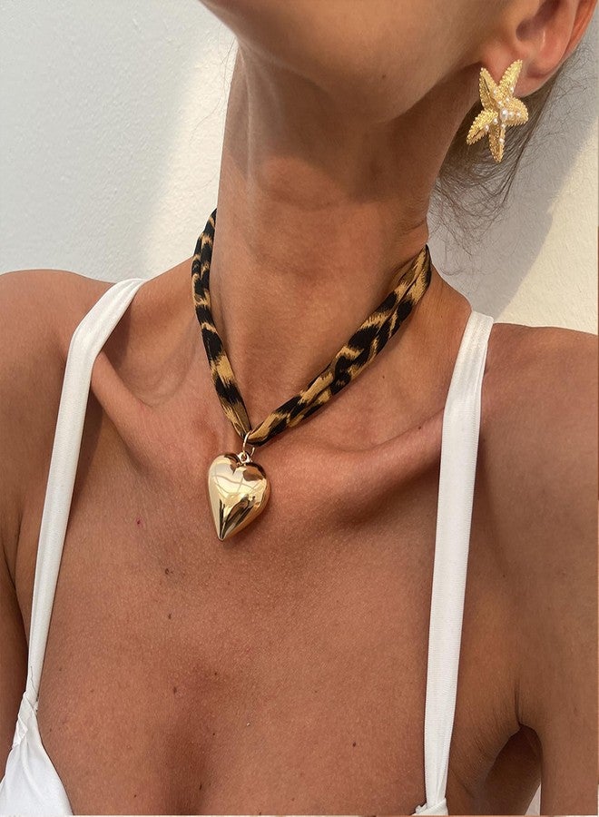 MIFYNN قلادة وشاح MIFYNN مع تعليقة، قلادة بوهيمية عصرية، قلادة ذهبية سميكة على شكل قلب بنقشة جلد النمر، مجوهرات صيفية بوهيمية مثالية لعطلات الشاطئ للنساء (قلب) - Image 3