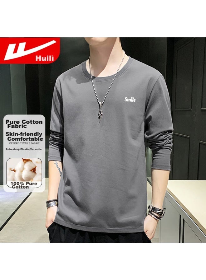 Pull Back Warrior Long-sleeve T-shirt For Men, Spring And Autumn Solid Color Pure Cotton Undershirt, Loose Round Neck Basic Versatile Top, Gray 2XL - Image 1