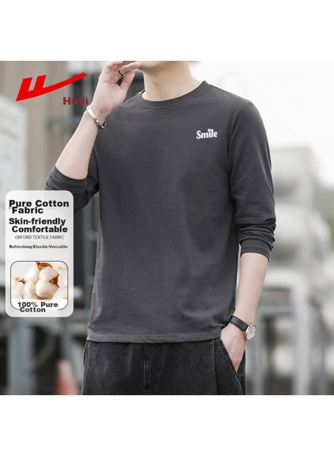 Pull Back Warrior Long-sleeve T-shirt For Men, Spring And Autumn Solid Color Pure Cotton Undershirt, Loose Round Neck Basic Versatile Top, Gray 2XL - Image 2