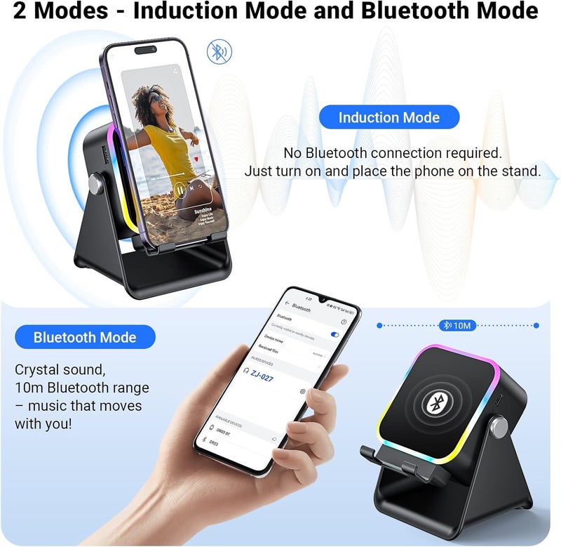 AIKELA Induction Speaker with Phone Stand 5 in 1 Wireless Induction Bluetooth Audio for iPhone Android Phone Speakers Amplifier with Rechargeable Colorful Light, Birthday Gifts for Men Women Teens (Black) - Image 3