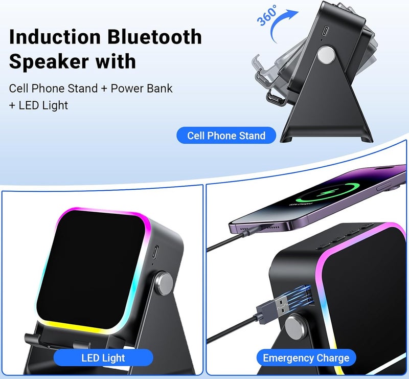 AIKELA Induction Speaker with Phone Stand 5 in 1 Wireless Induction Bluetooth Audio for iPhone Android Phone Speakers Amplifier with Rechargeable Colorful Light, Birthday Gifts for Men Women Teens (Black) - Image 5