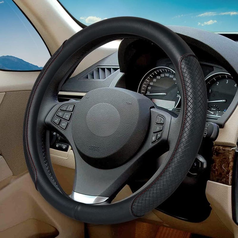 VARGTR Steering Wheel Cover - Microfiber Leather, Classic Embossing, Anti-Slip Breathable, Fit 15 Inch (Black & Red Line) - Image 1