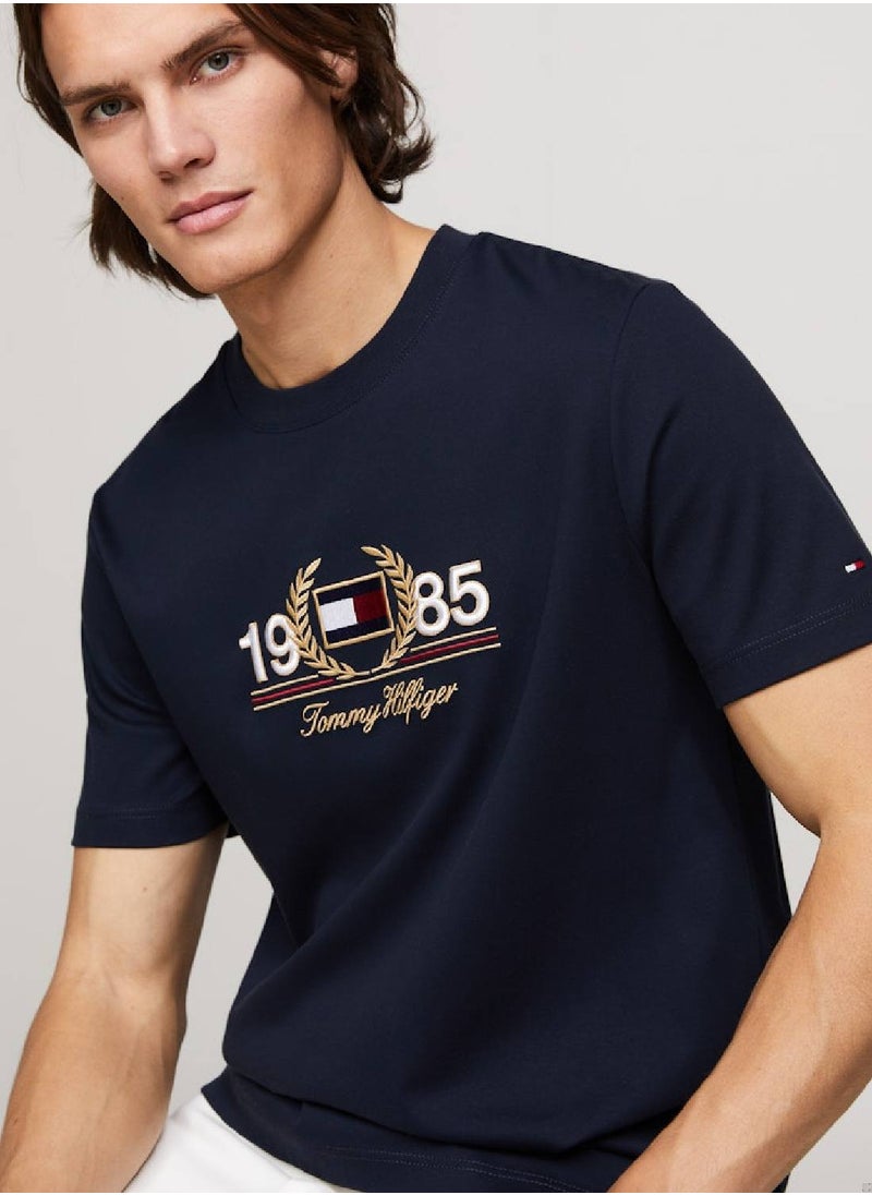 TOMMY HILFIGER Men's Logo Embroidery Featuring a Crew Neck T-Shirt -  Cotton blend, Blue  - Image 3