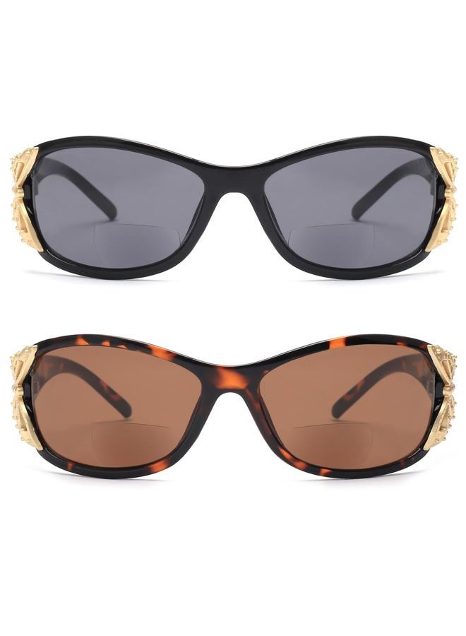 JM 2 Pack Bifocal Reading Sunglasses for Women Fashion Sun Readers Outdoor Reading Glasses UV400 Protection Black & Tortoise +1.5 - Image 2