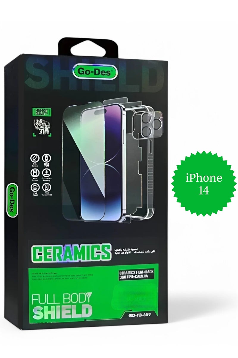 GO-DES Full protection package for iPhone 14, Protective case made of high-quality materials, high-definition screen protection, camera lens protector, phone back protector, maximum protection against scratches and breakage.