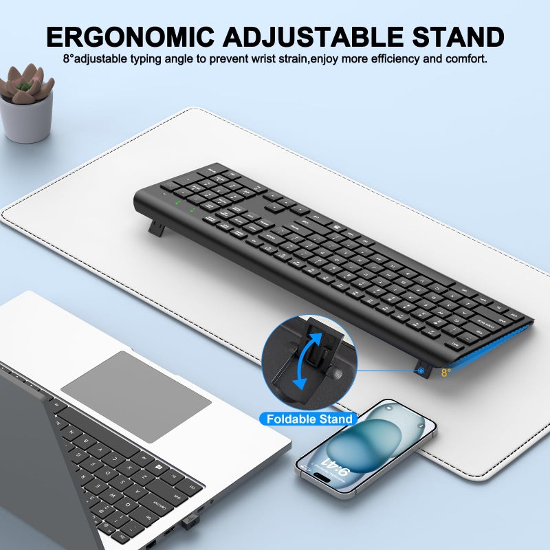 EDJO Wireless Keyboard, 2.4G Full-Sized Cordless USB Silent Computer Keyboard, Ergonomic Tilt Angle, Sleep Mode, Long Battery Life, for Windows, Mac OS Laptop/PC/Desktop/Notebook - Image 5