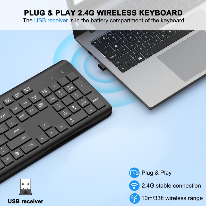 EDJO Wireless Keyboard, 2.4G Full-Sized Cordless USB Silent Computer Keyboard, Ergonomic Tilt Angle, Sleep Mode, Long Battery Life, for Windows, Mac OS Laptop/PC/Desktop/Notebook - Image 2
