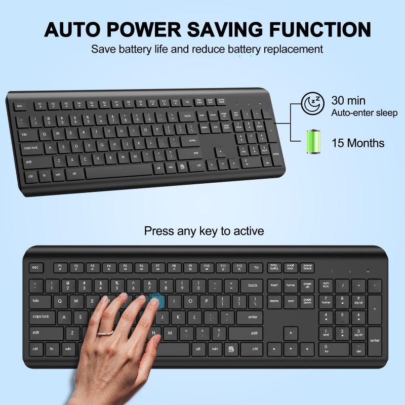 EDJO Wireless Keyboard, 2.4G Full-Sized Cordless USB Silent Computer Keyboard, Ergonomic Tilt Angle, Sleep Mode, Long Battery Life, for Windows, Mac OS Laptop/PC/Desktop/Notebook - Image 4