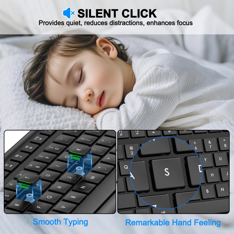 EDJO Wireless Keyboard, 2.4G Full-Sized Cordless USB Silent Computer Keyboard, Ergonomic Tilt Angle, Sleep Mode, Long Battery Life, for Windows, Mac OS Laptop/PC/Desktop/Notebook - Image 3