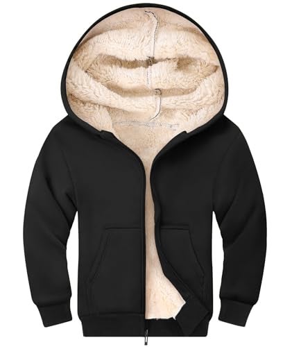 Gihuo Unisex Boys Girls Winter Warm Sherpa Lined Zip Up Sweatshirt Fleece Jacket Kids Hoodie Outerwear BlackM - Image 1