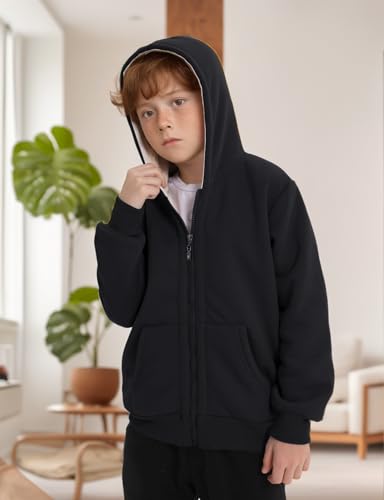 Gihuo Unisex Boys Girls Winter Warm Sherpa Lined Zip Up Sweatshirt Fleece Jacket Kids Hoodie Outerwear BlackM - Image 3