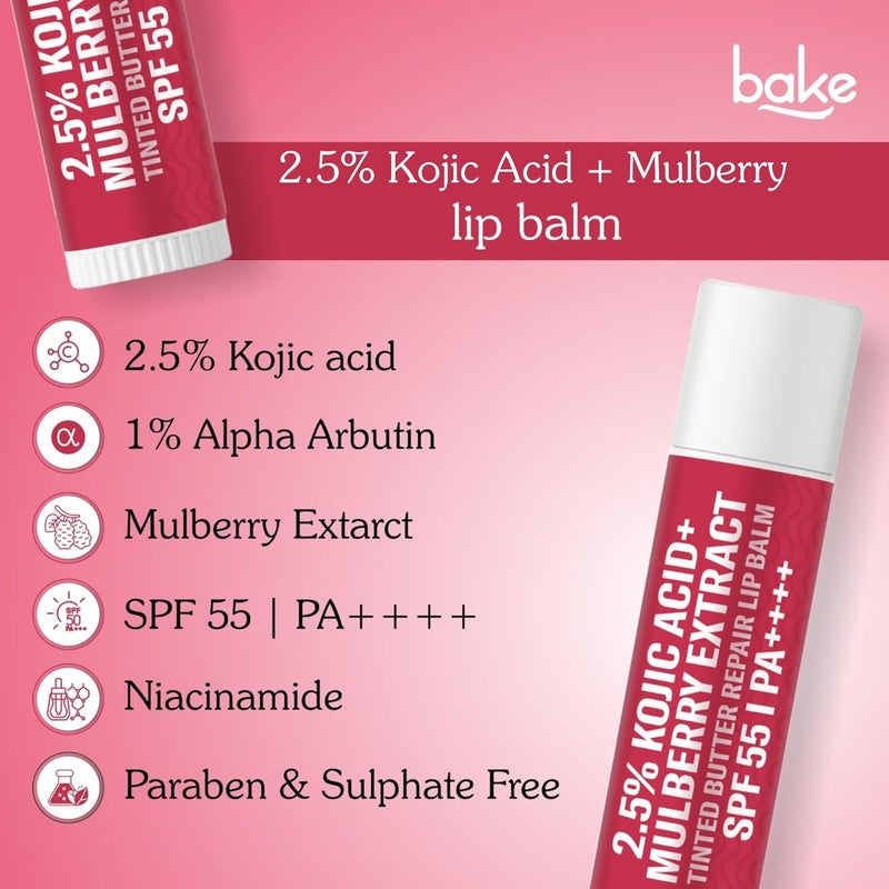 BAKE 25 Kojic Acid Beetroot Tinted Butter Brightening Lip Balm SPF 55 PA 24 Hour Moisturization For Dark Pigmented Dry Flaky Lips DeTan Lip Balm 5g - Image 2