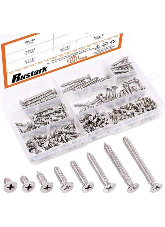 Rustark - Rustark 150Pcs [#10 3/8" to 1-3/4"] 304 Stainless Steel Flat Head Phillips Cross Wood Screw Self Tapping Drilling Screws Assortment Kit - Image 1