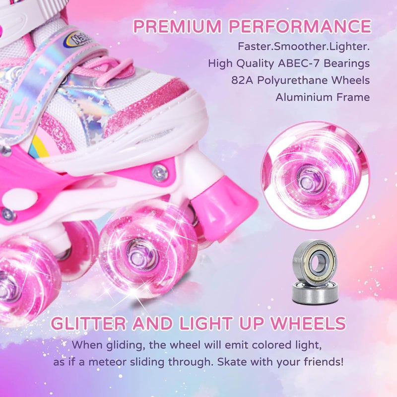 Nattork Toddler Roller Skates for Little Kids Toddler Ages 3-5 3 4 5, 4 Size Adjustable Girls Rainbow Unicorn Quad Skates with All Light Up Wheels - Best Birthday Gift for Outdoor Sports - Image 3