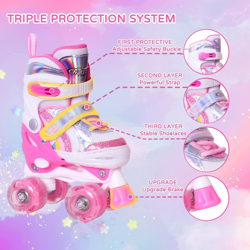 Nattork Toddler Roller Skates for Little Kids Toddler Ages 3-5 3 4 5, 4 Size Adjustable Girls Rainbow Unicorn Quad Skates with All Light Up Wheels - Best Birthday Gift for Outdoor Sports - Image 4