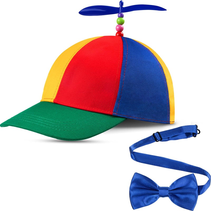 Sintege Propeller Top Hat Rainbow Nerd Silly Twirly Cap Helicopter Hat with Spinner and Adjustable Bowtie for Costumes(Blue,2 Pieces) - Image 1