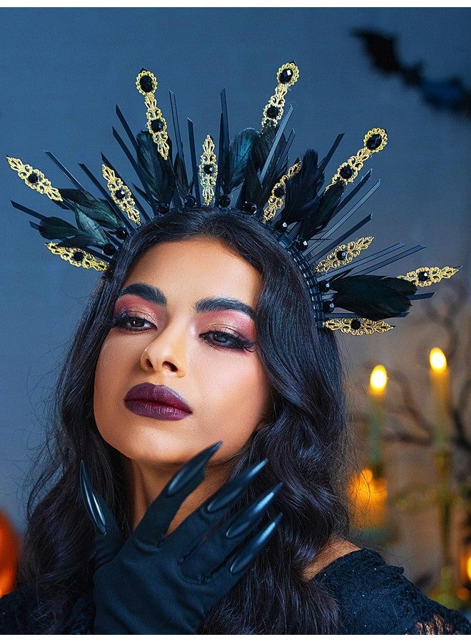 Urieo Black Halo Crown Headpiece Crystal Goddess Crown Spiked Zip Tie Headband Feather Headwear For Women Halloween Cosplay Costume Party - Image 2