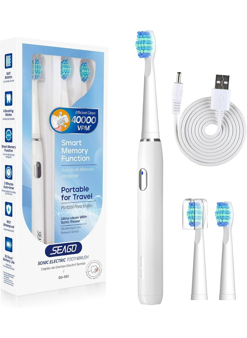 Seago Electric Toothbrush for Adults, with 3 Brush Heads and 4 Modes, Rechargeable Sonic Toothbrush One Charge for 30 Days, Travel Electric Toothbrushes with 2 Mins Timer White - Image 1