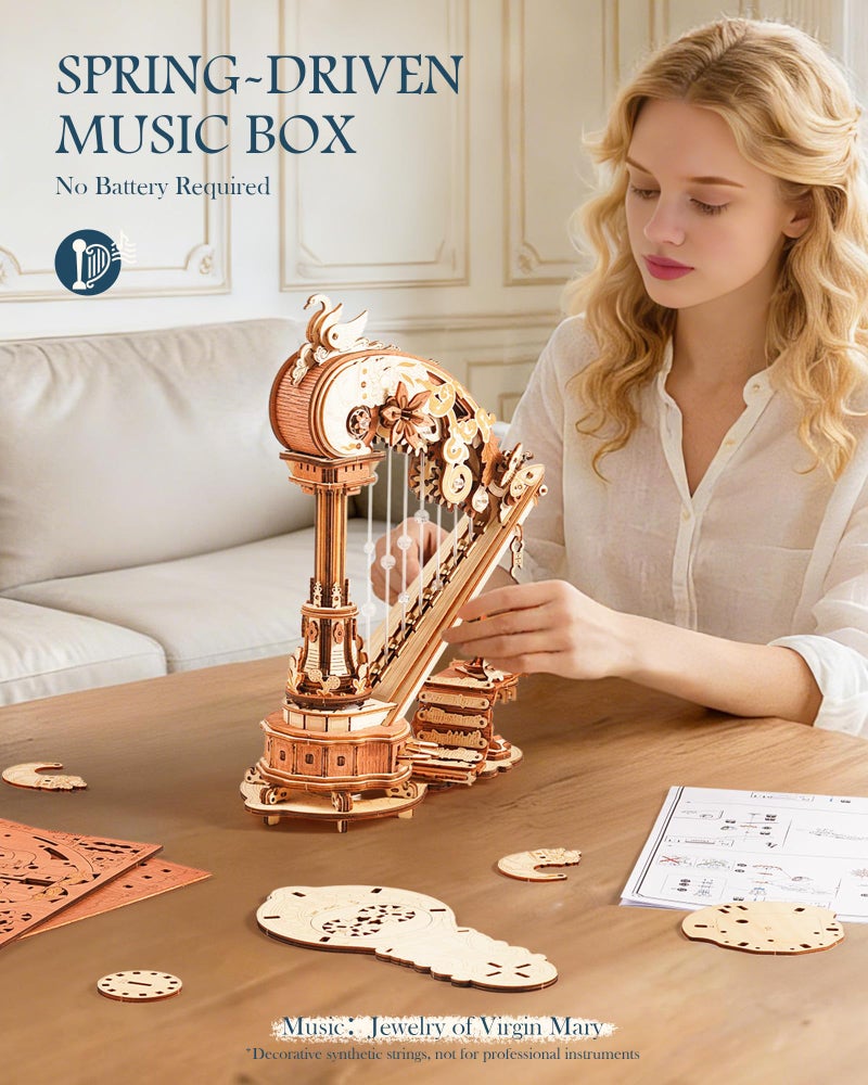 ROKR 3D Puzzle Magic Harp Music Box, Buildable Model Kit with Mechanical Movement & Ave Maria Melody, Elegant Home Decor for Desk & Shelf - Image 4