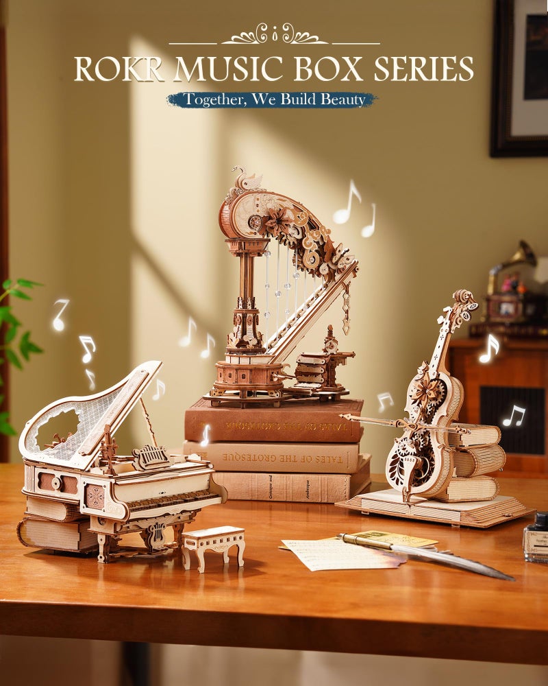ROKR 3D Puzzle Magic Harp Music Box, Buildable Model Kit with Mechanical Movement & Ave Maria Melody, Elegant Home Decor for Desk & Shelf - Image 5