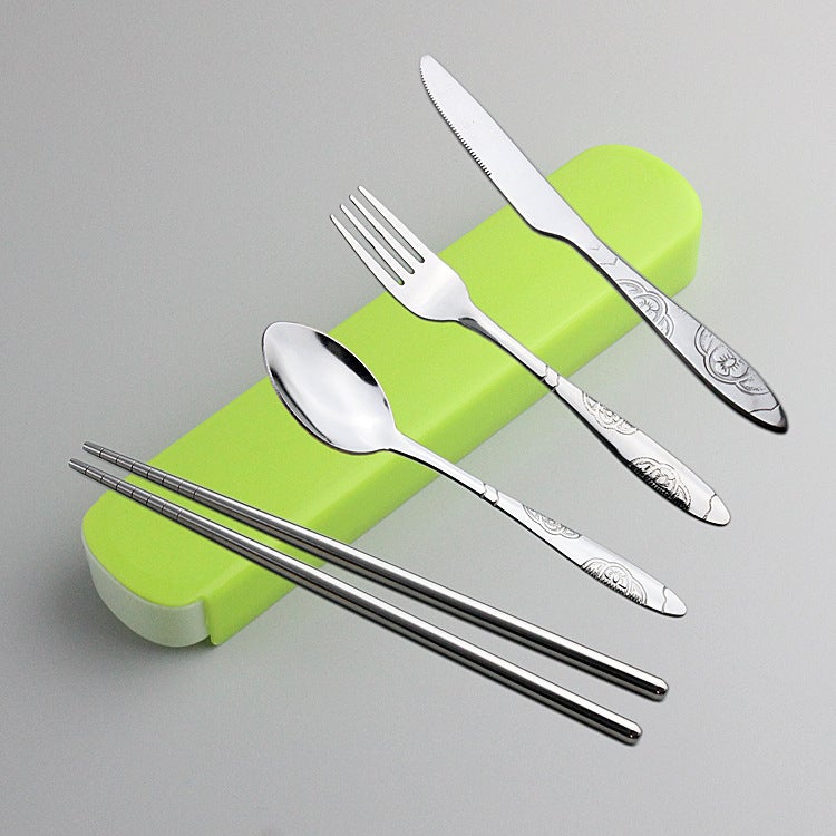 Creative Printing Stainless Steel Tableware Four-Piece Portable Tableware Set Chopsticks Spoon Fork Can Print Logo - Image 1