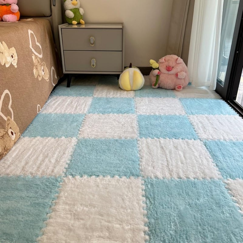 YISLEND 12Pcs Interlocking Carpet Tiles,12"x 12" Plush Interlocking Foam Carpet Tiles with Border,Fluffy Play Mat Floor Tiles Thick Padded Squares Foam Tiles for Playroom Decor (White+Light Blue) - Image 1