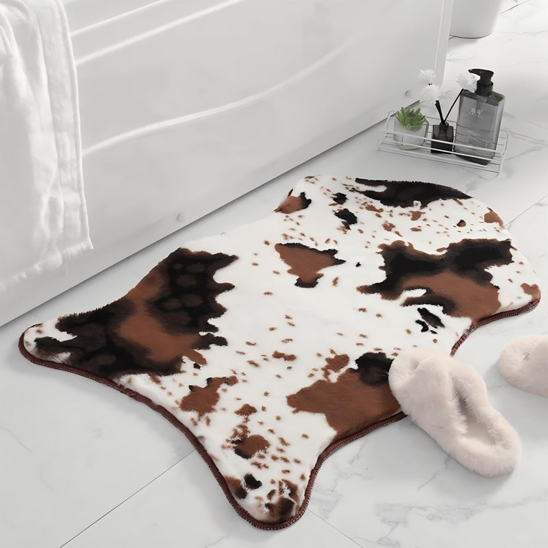mamrug Coffee and White Cow Cute Bath mat,Faux Rabbit Fur Non-Slip Shaggy Water Absorbent Microfiber Soft Fluffy Bathroom Rugs,Washable for Home Decor Living Room Soft Plush Rug 23.6x35.4 inch - Image 1