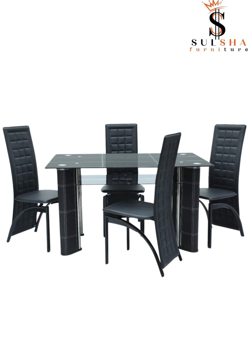 SULSHA Sulsha Top Chair Set Tempered Glass Modern with Leather Base Dining Table and High Back Leather Black Chair and glass table Home Furniture - Image 1