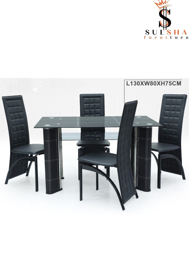 SULSHA Sulsha Top Chair Set Tempered Glass Modern with Leather Base Dining Table and High Back Leather Black Chair and glass table Home Furniture - Image 4