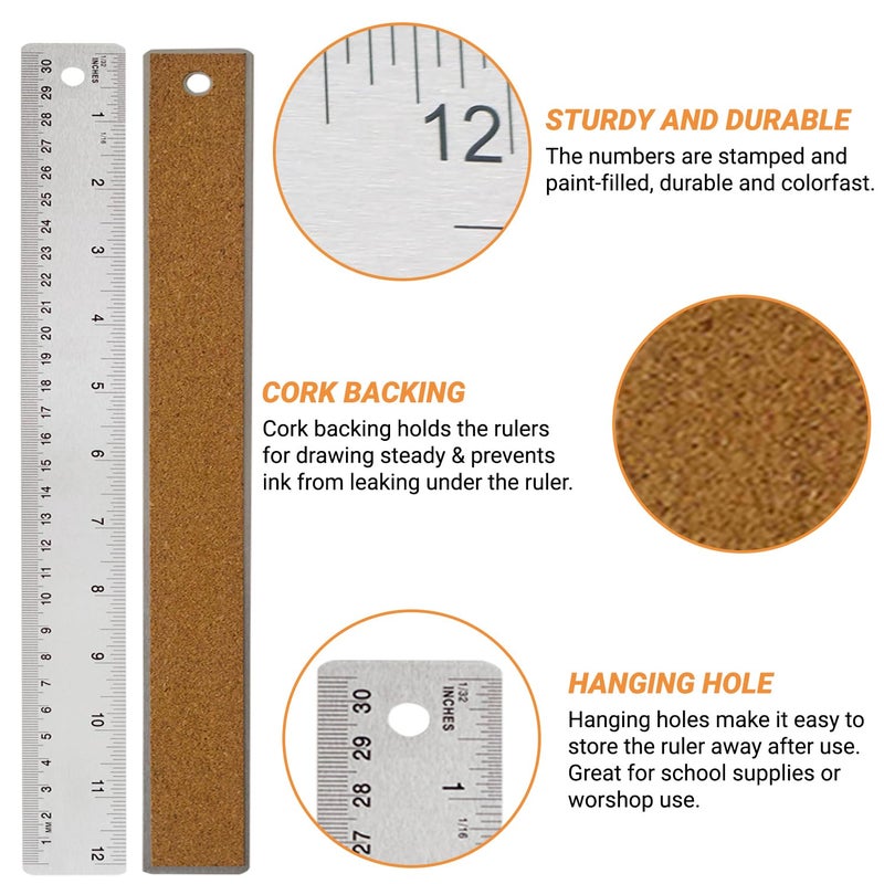 QUASINCH Stainless Steel Metal Ruler with Non-Slip Cork Back for Home Improvement, Planner Accessories, College School Supplies, Drafting Tools, Architecture Supplies, 30.5 Centimeters & 12 inches - Image 4