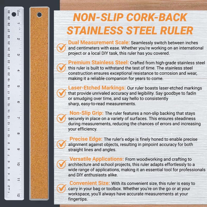 QUASINCH Stainless Steel Metal Ruler with Non-Slip Cork Back for Home Improvement, Planner Accessories, College School Supplies, Drafting Tools, Architecture Supplies, 30.5 Centimeters & 12 inches - Image 2