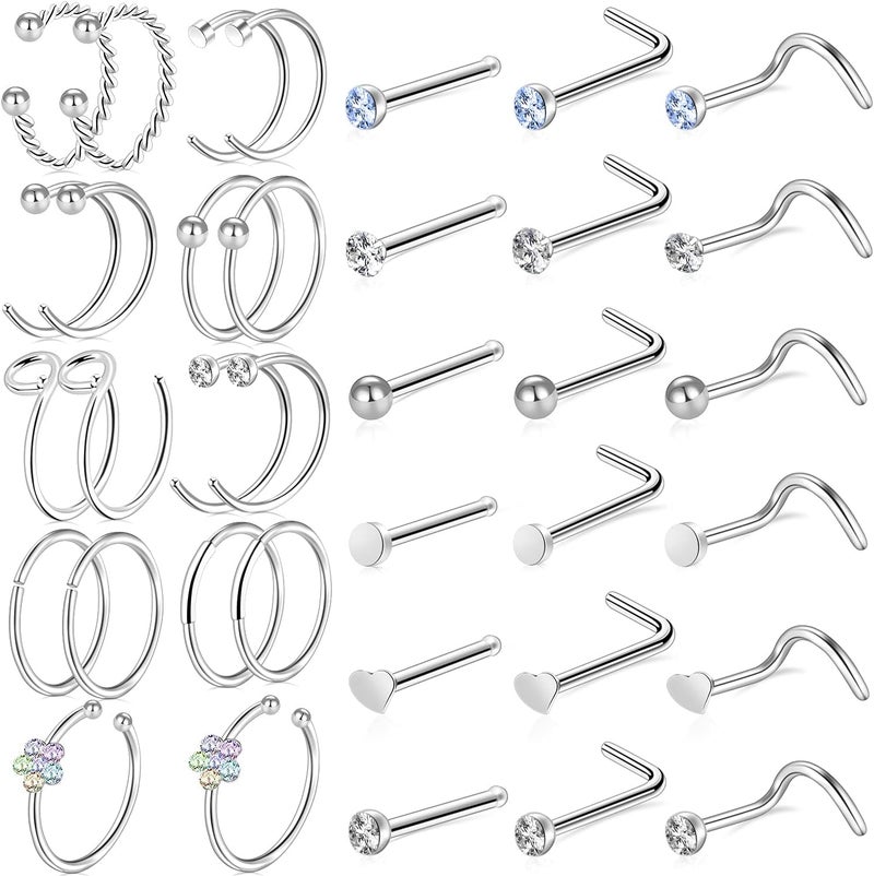 ONESING 9-40 Pcs Nose Rings - Hoops, Studs & L Shape - Hypoallergenic Stainless Steel Nose Piercings for Women & Men - Image 1