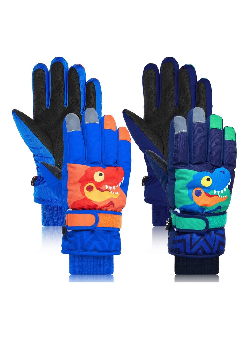 SYOSI 2 Pairs Boys Ski Gloves Dinosaur Gloves, Kids Winter Warm Windproof Waterproof Ski Gloves Outdoor Sport Mitten Gloves for Kids Aged 5 to10, for Skiing Making Snowman Cycling Outdoor Activities - Image 1