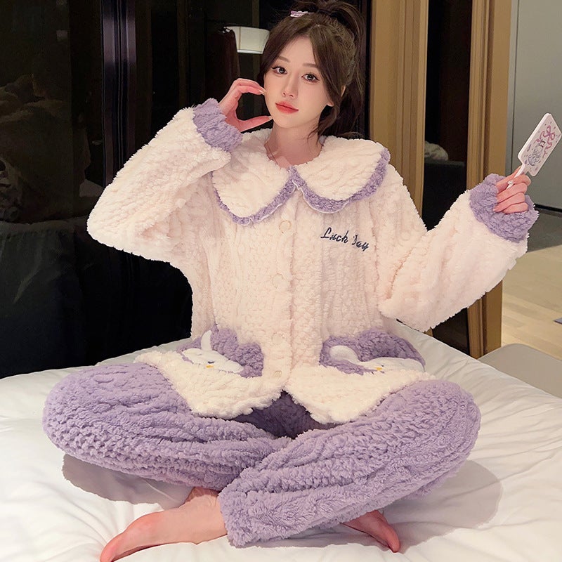 Pajamas Women'S Plush Cute Sweet Doll Collar Cardigan Plus Size Chubby Girl Warm Homewear - Image 2