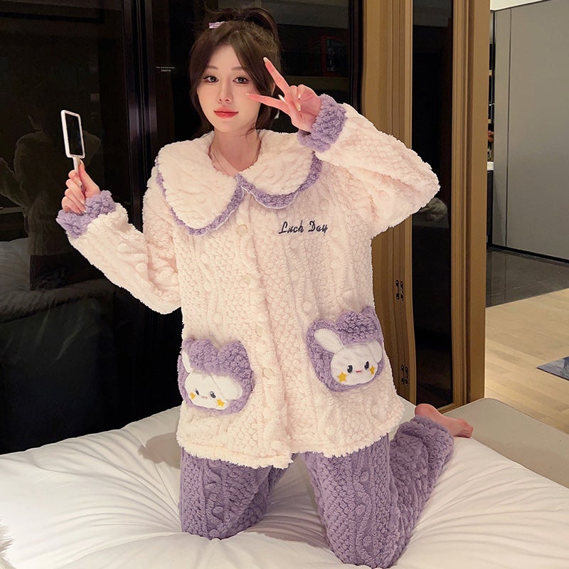 Pajamas Women'S Plush Cute Sweet Doll Collar Cardigan Plus Size Chubby Girl Warm Homewear - Image 4