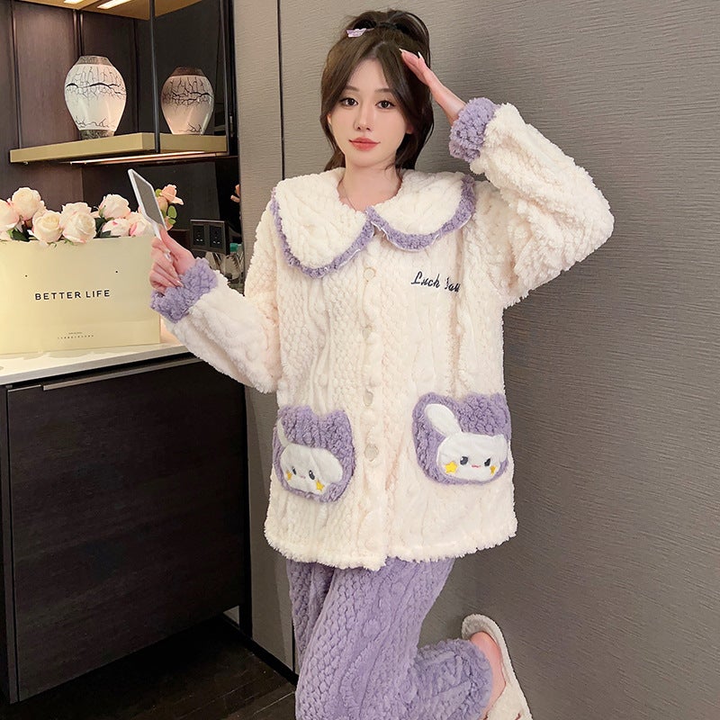 Pajamas Women'S Plush Cute Sweet Doll Collar Cardigan Plus Size Chubby Girl Warm Homewear - Image 5
