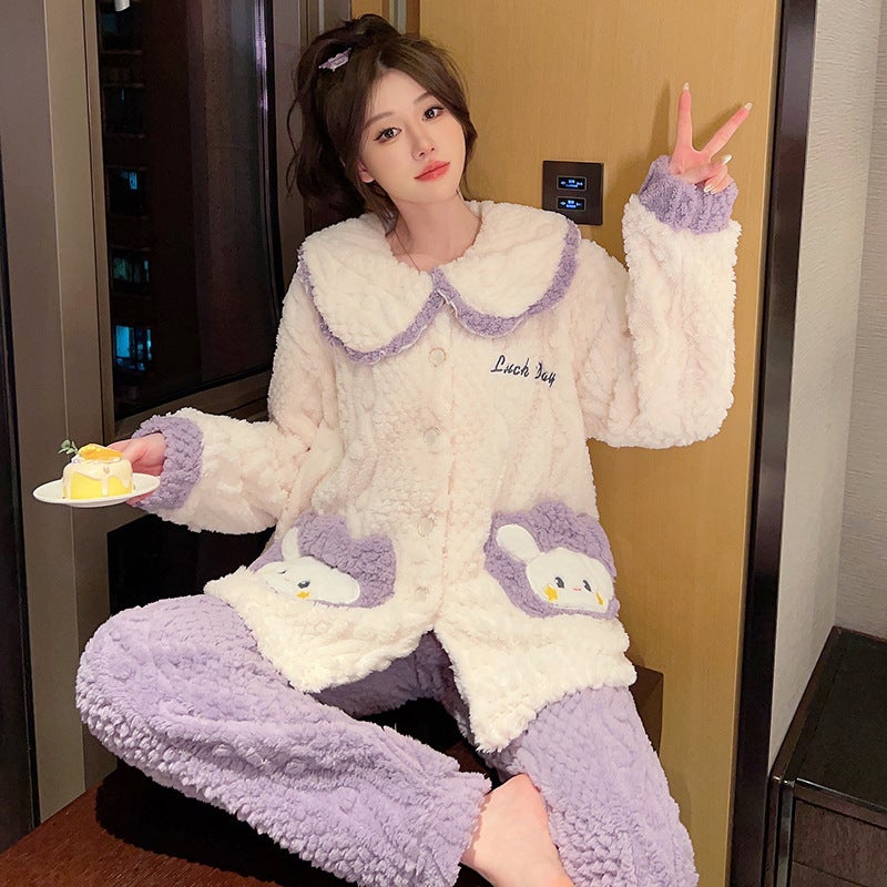 Pajamas Women'S Plush Cute Sweet Doll Collar Cardigan Plus Size Chubby Girl Warm Homewear - Image 3