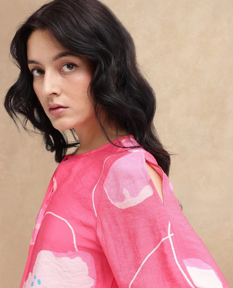 Rareism Women's Floral Print Top With Bishop Sleeves