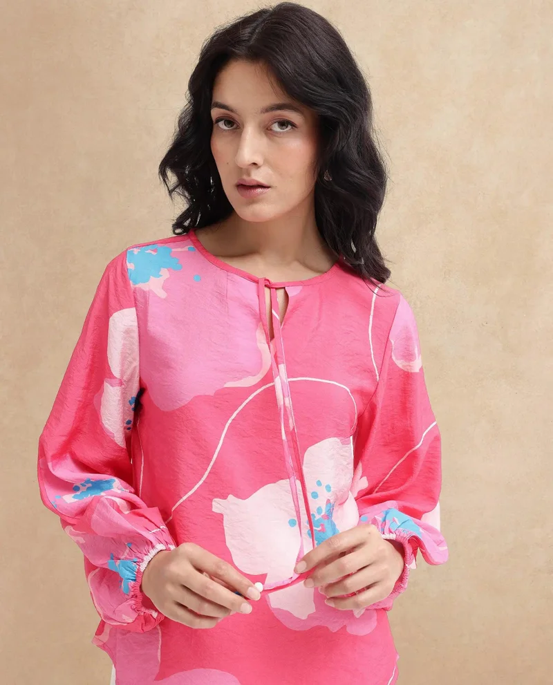 Rareism Women's Floral Print Top With Bishop Sleeves