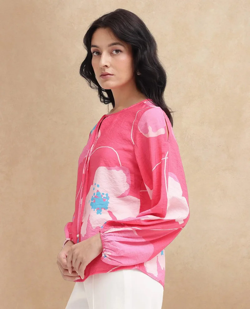 Rareism Women's Floral Print Top With Bishop Sleeves